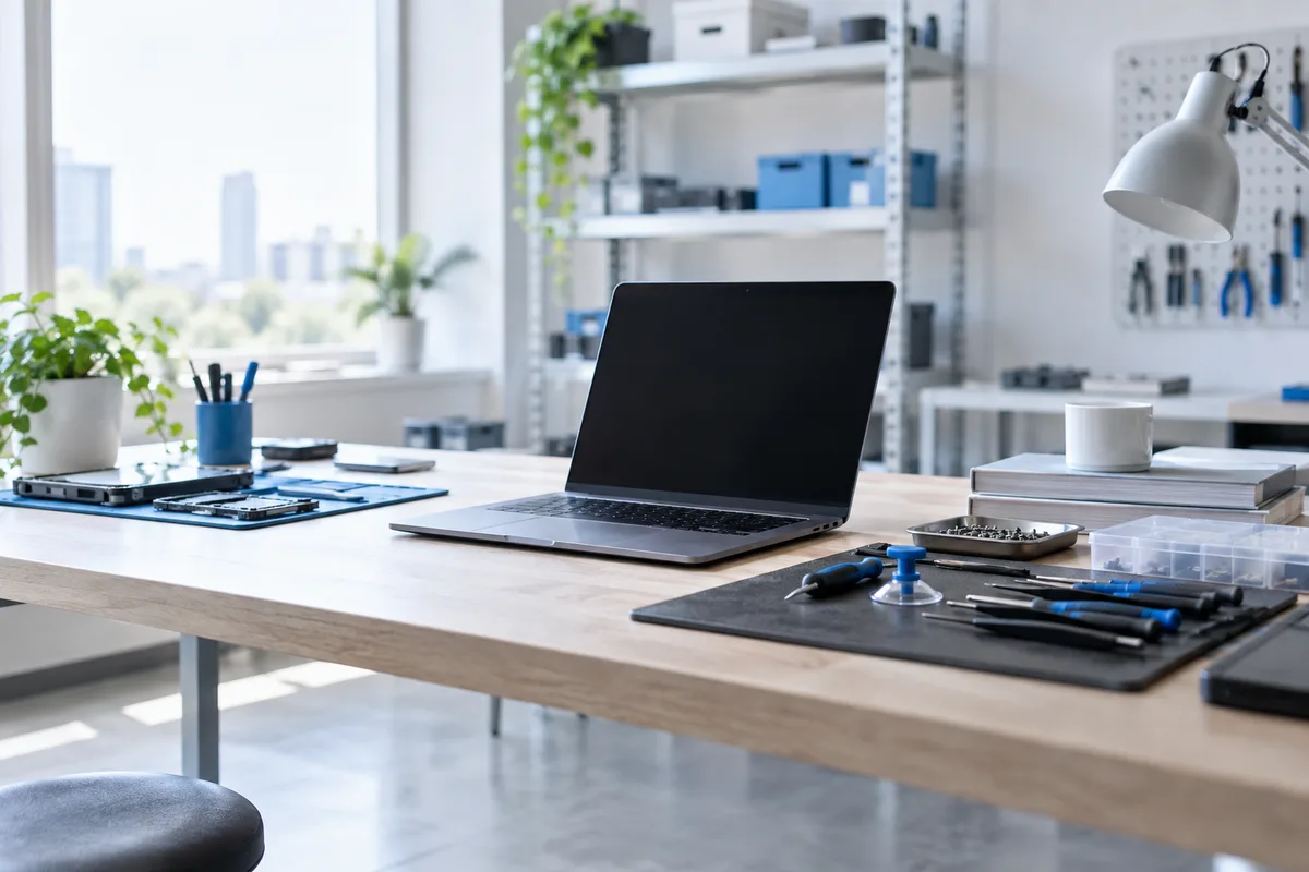 Laptop deschis și unelte pe un banc de lucru IT ordonat